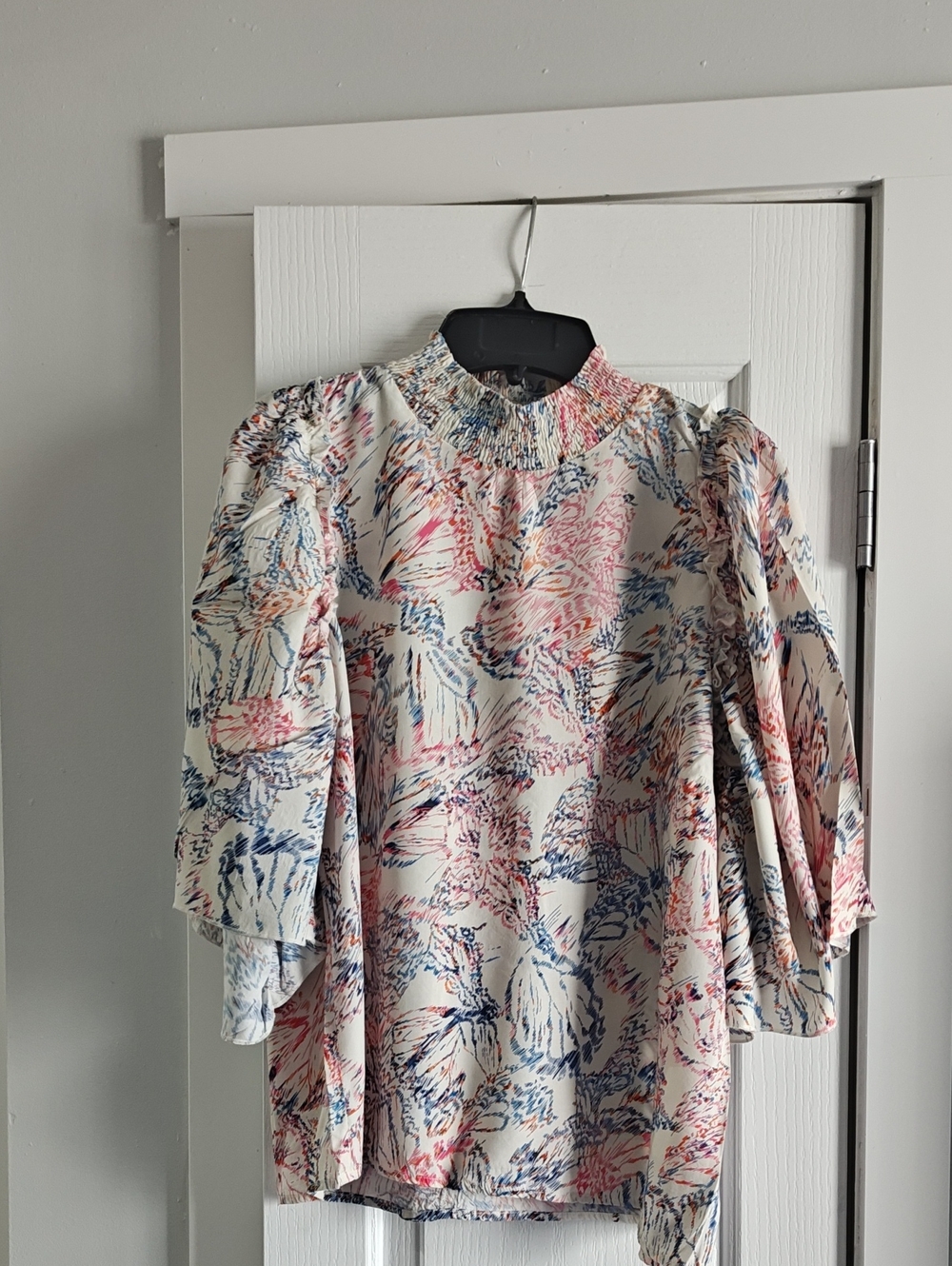 Cream Floral High-Neck Blouse with Smocked Collar
